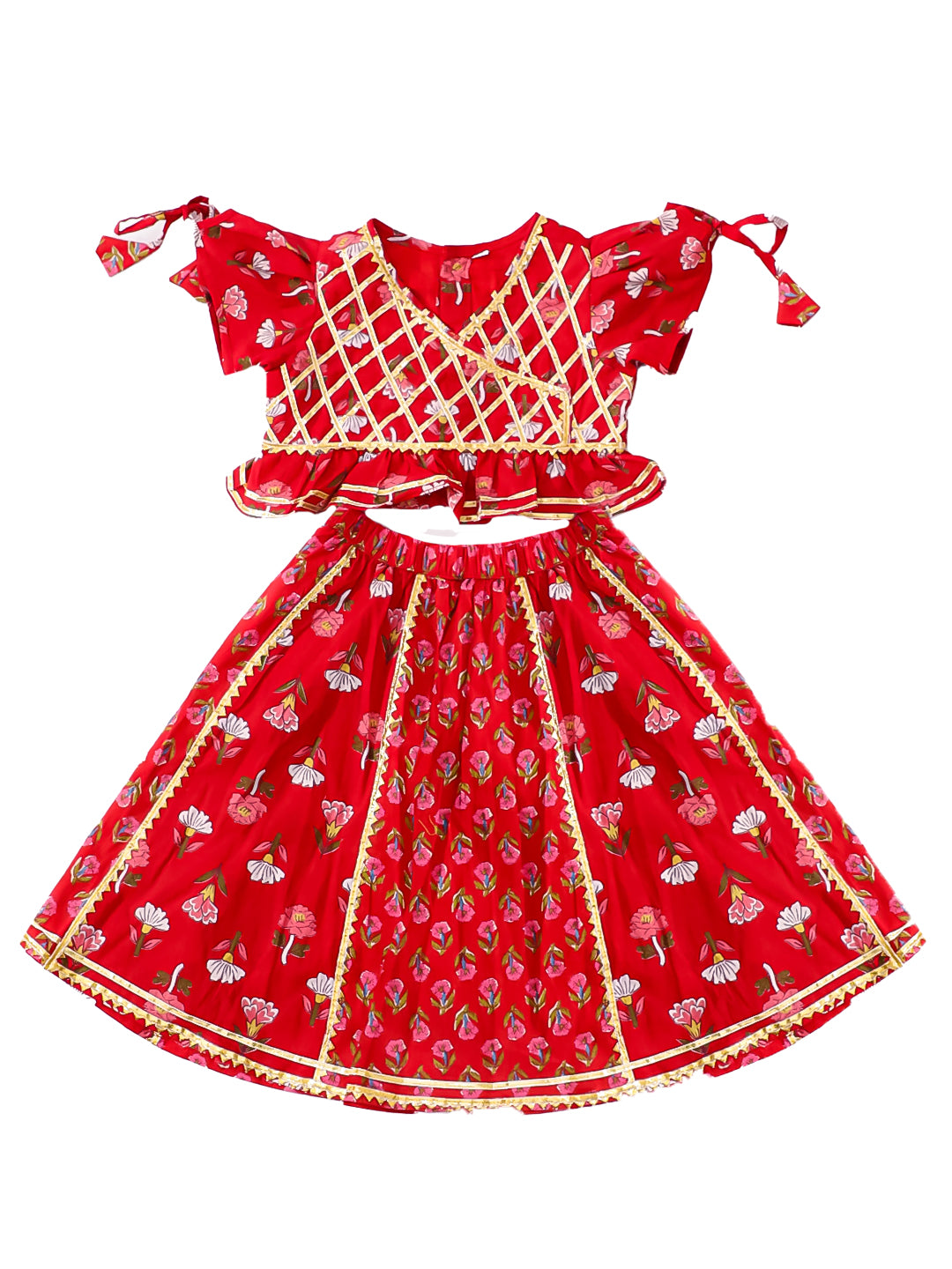 BownBee Pure Cotton Back Open Choli With Lehenga For Girls - Red