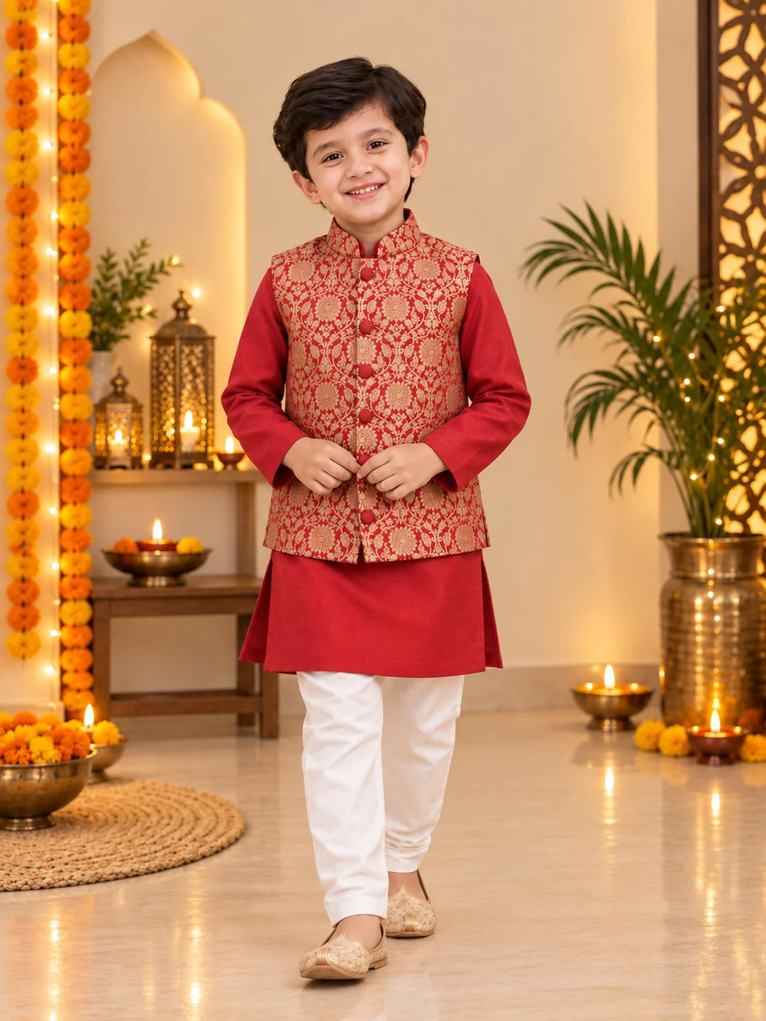 BownBee Festive Kurta Pajama With Jaquard Jacket & Ethnic Suit Sibling Set