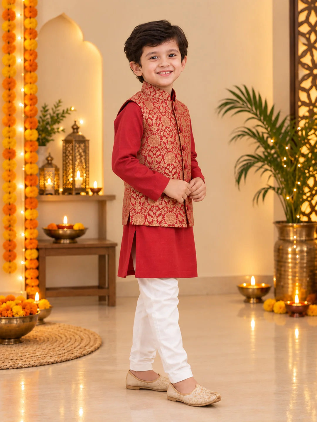 BownBee Festive Kurta Pajama With Jaquard Jacket & Ethnic Suit Sibling Set
