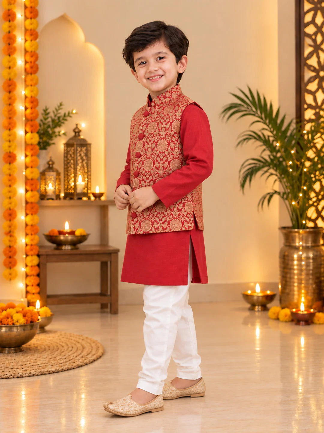 Bownbee Festive Kurta Pyjama With Jacquard Jacket Set for Boys