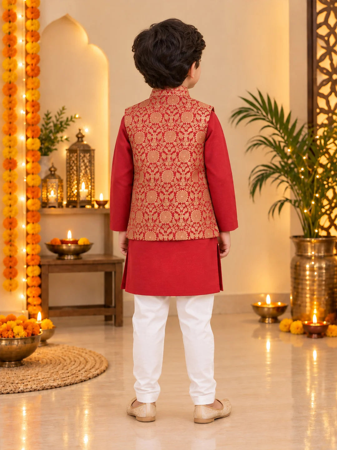 Bownbee Festive Kurta Pyjama With Jacquard Jacket Set for Boys
