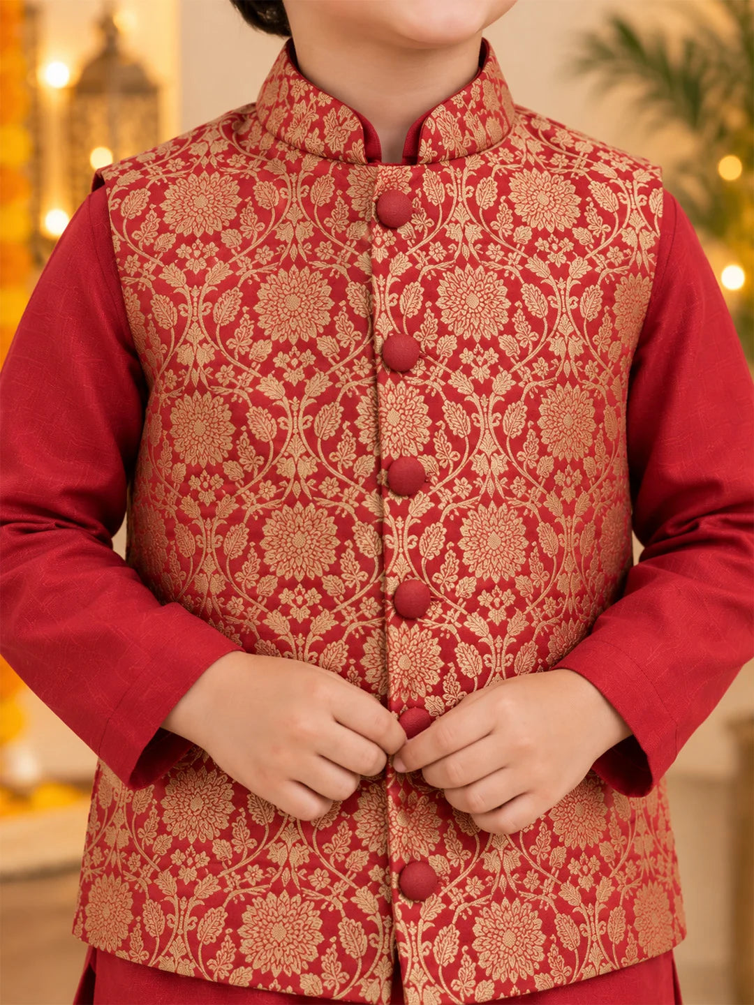 BownBee Festive Kurta Pajama With Jaquard Jacket & Ethnic Suit Sibling Set