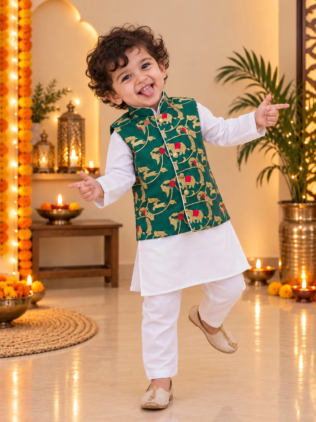 Bownbee Pure Cotton Kurta Pajama with Jacquard Jacket Set for Boys- Green