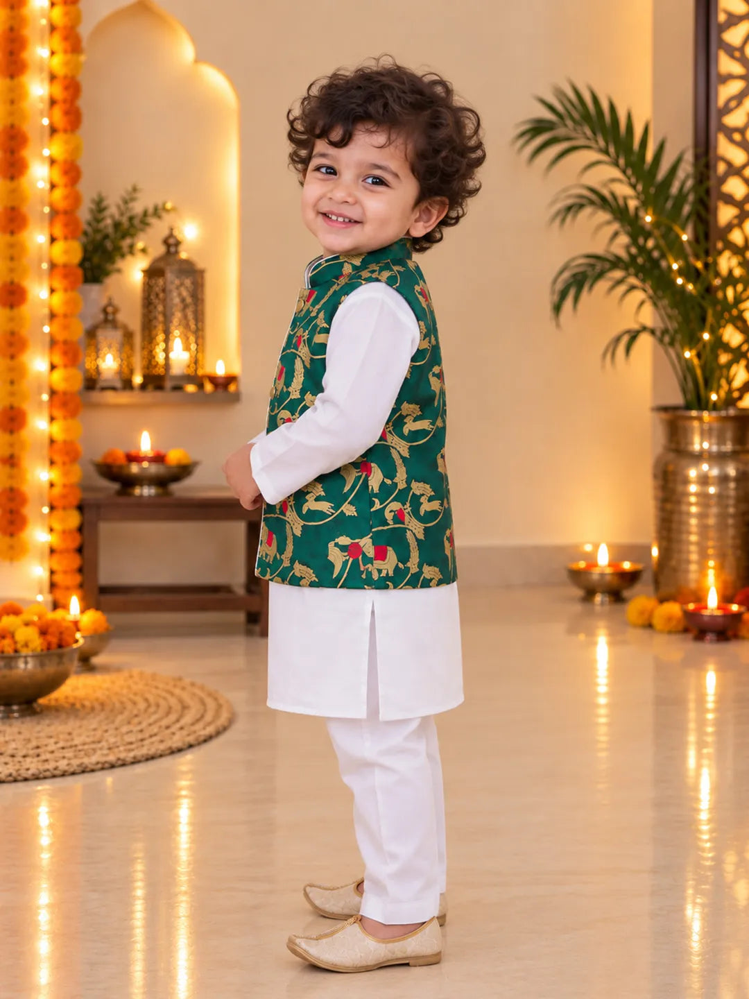 Bownbee Pure Cotton Kurta Pajama with Jacquard Jacket Set for Boys- Green