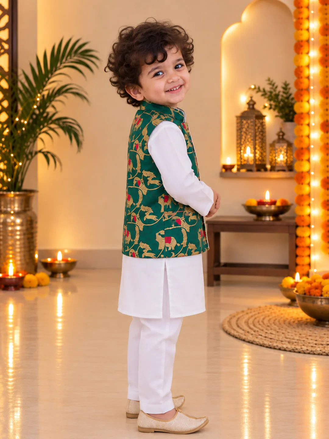 Bownbee Pure Cotton Kurta Pajama with Jacquard Jacket Set for Boys- Green