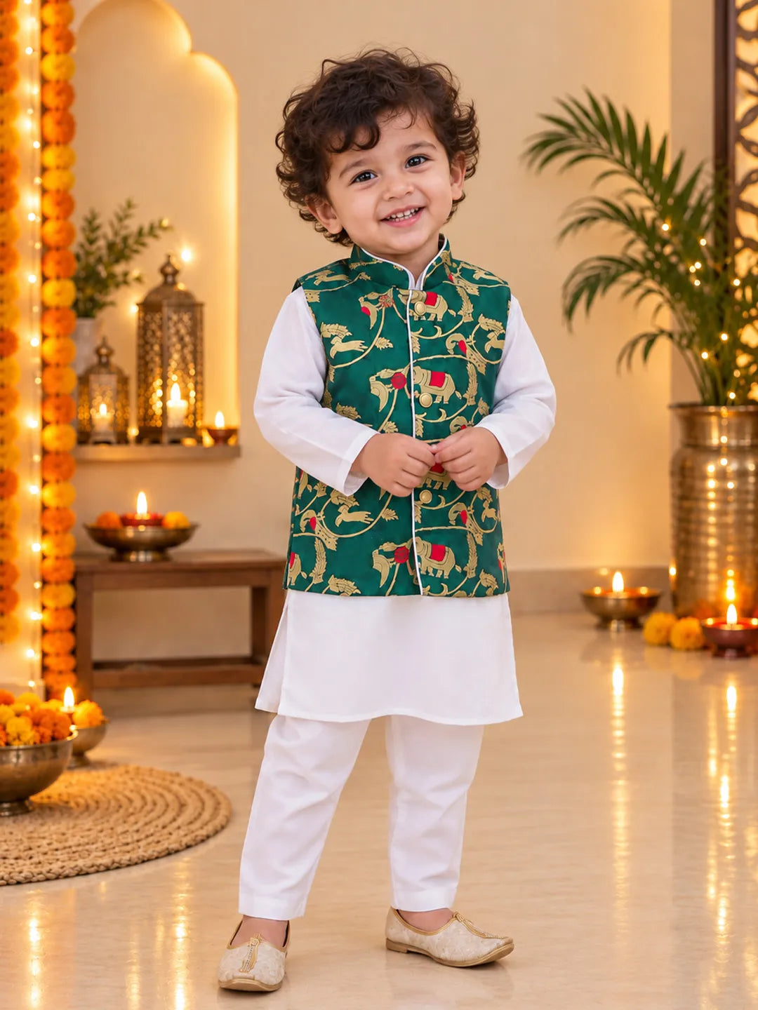 Bownbee Pure Cotton Kurta Pajama with Jacquard Jacket Set for Boys- Green