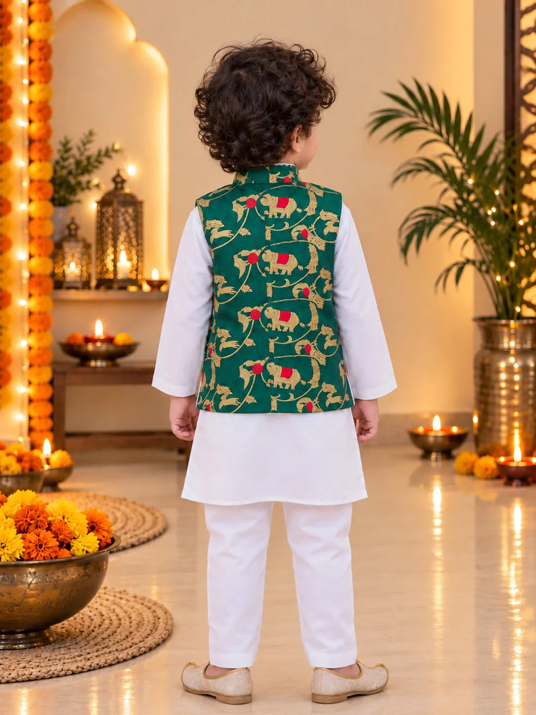 Bownbee Pure Cotton Kurta Pajama with Jacquard Jacket Set for Boys- Green