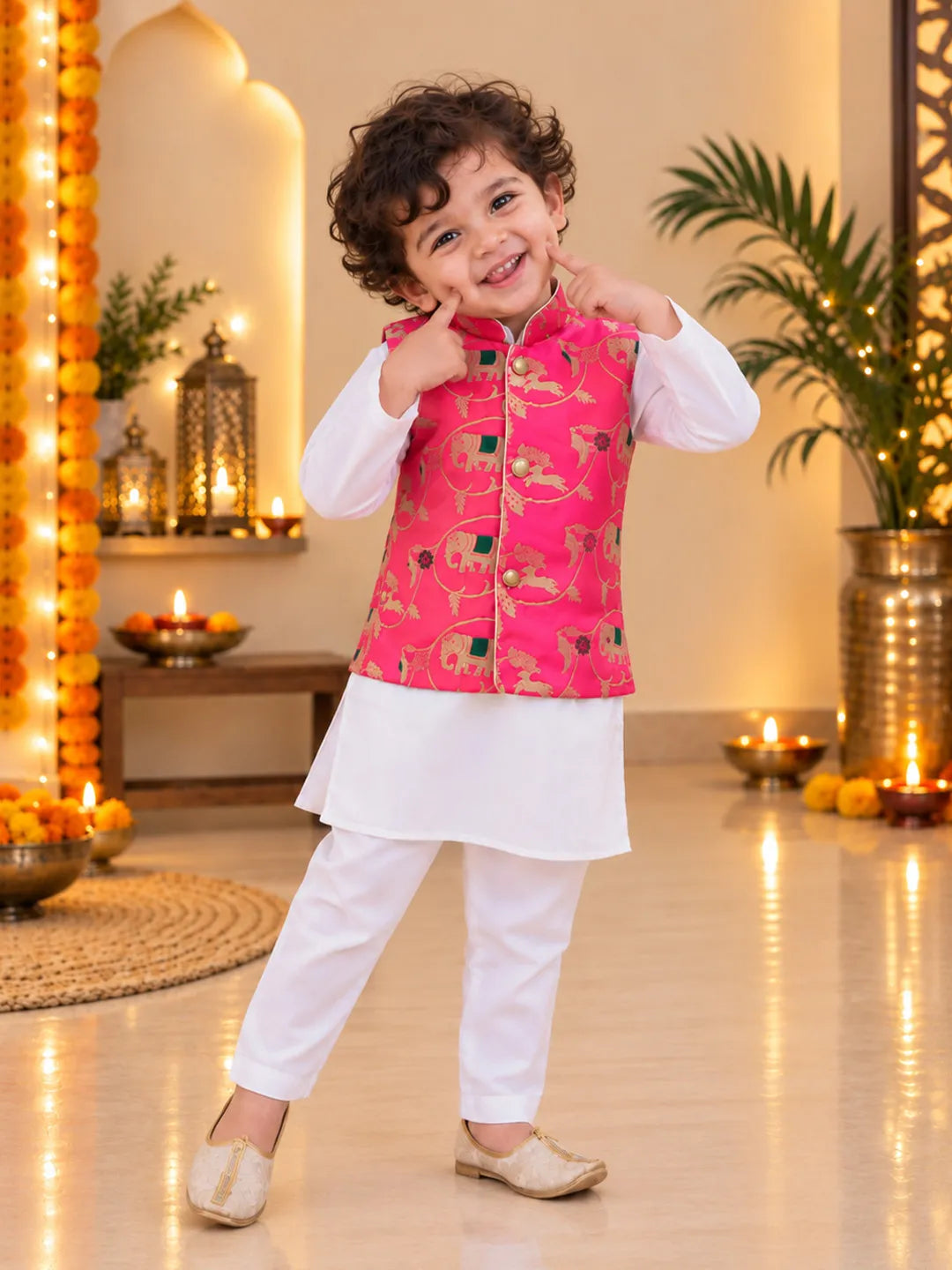 Bownbee Pure Cotton Kurta Pajama with Jacquard Jacket Set for Boys- Pink