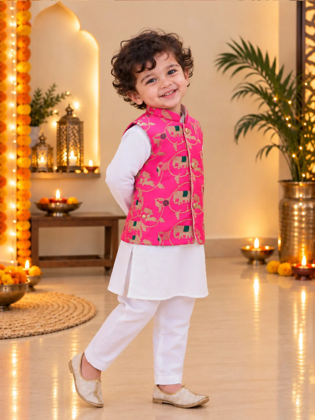 Bownbee Pure Cotton Kurta Pajama with Jacquard Jacket Set for Boys- Pink