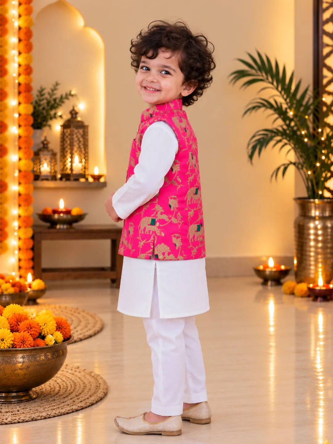 Bownbee Pure Cotton Kurta Pajama with Jacquard Jacket Set for Boys- Pink