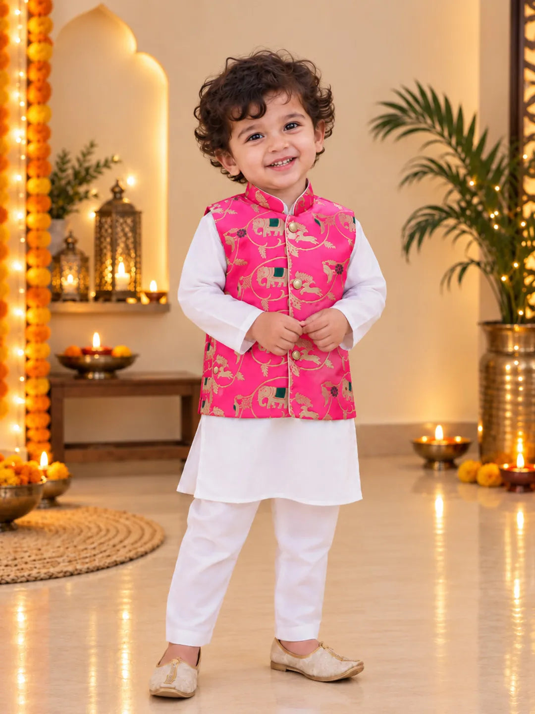 Bownbee Pure Cotton Kurta Pajama with Jacquard Jacket Set for Boys- Pink