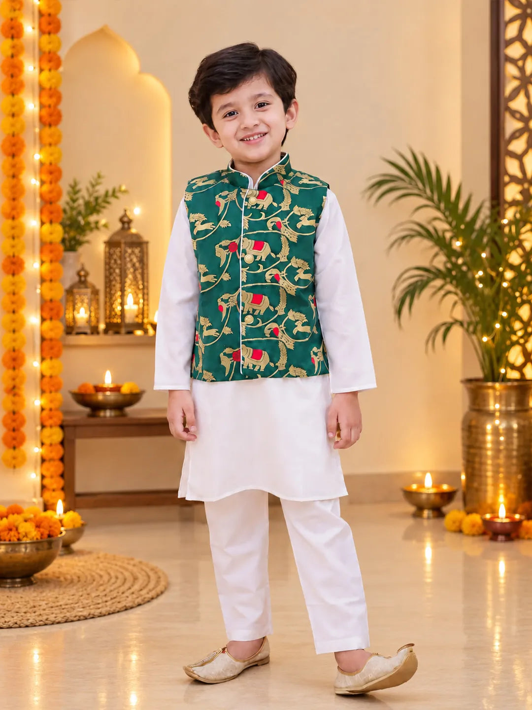 Bownbee Pure Cotton Kurta Pajama with Jacquard Jacket Set for Boys- Green