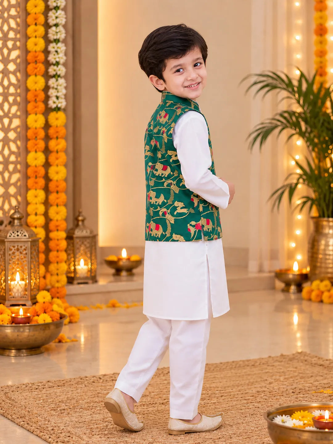 Bownbee Pure Cotton Kurta Pajama with Jacquard Jacket Set for Boys- Green