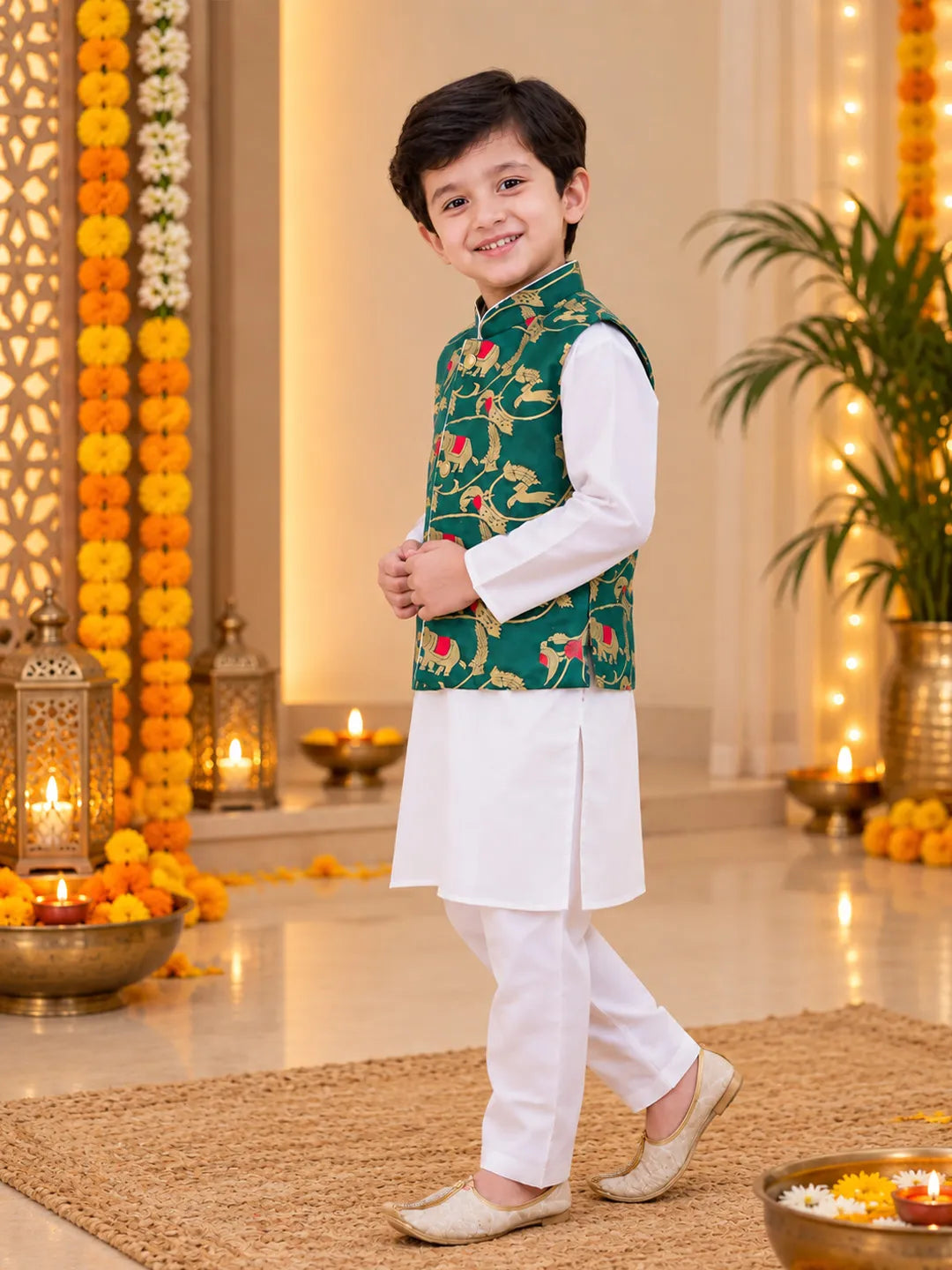 Bownbee Pure Cotton Kurta Pajama with Jacquard Jacket Set for Boys- Green