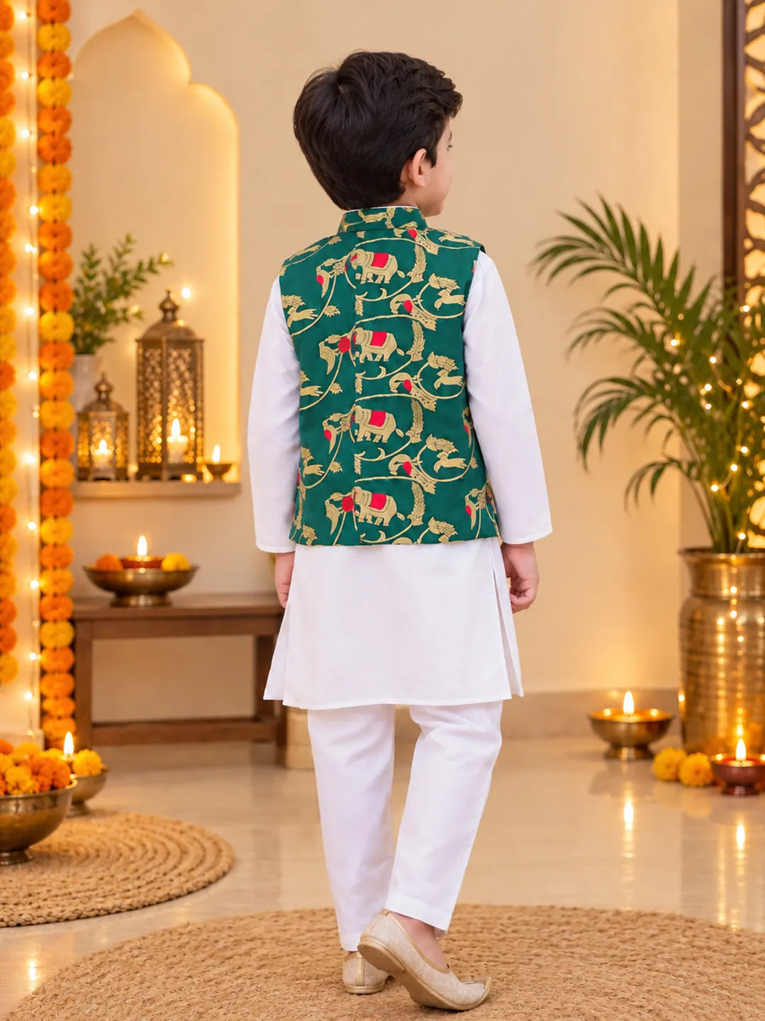 Bownbee Pure Cotton Kurta Pajama with Jacquard Jacket Set for Boys- Green