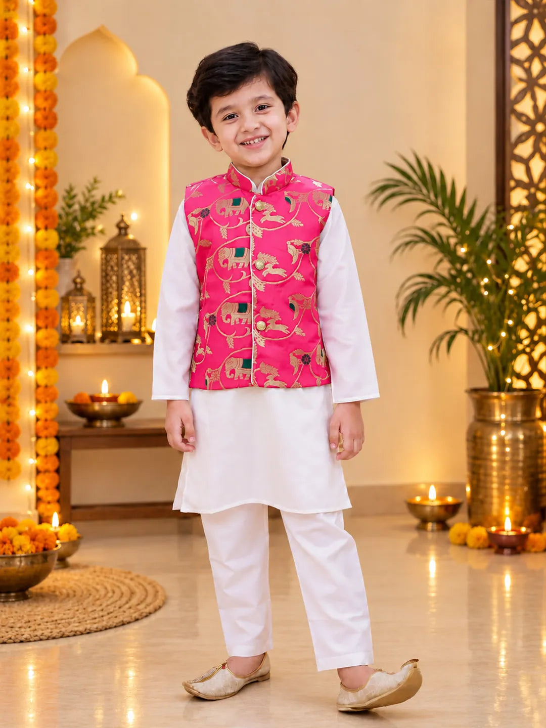 Bownbee Pure Cotton Kurta Pajama with Jacquard Jacket Set for Boys- Pink