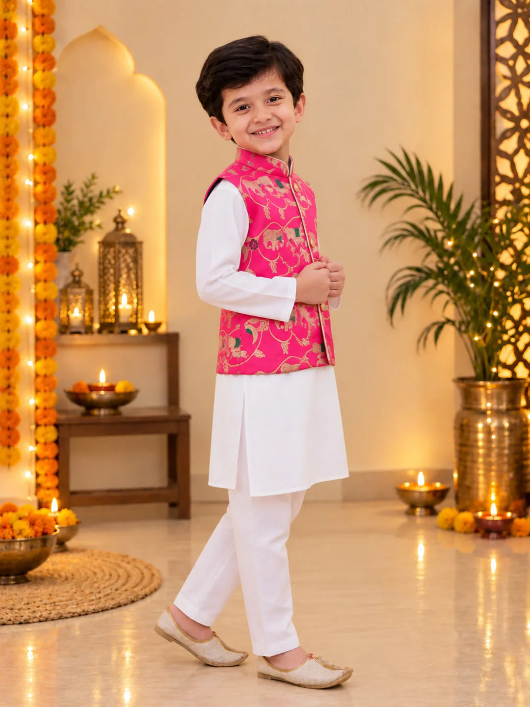 Bownbee Pure Cotton Kurta Pajama with Jacquard Jacket Set for Boys- Pink