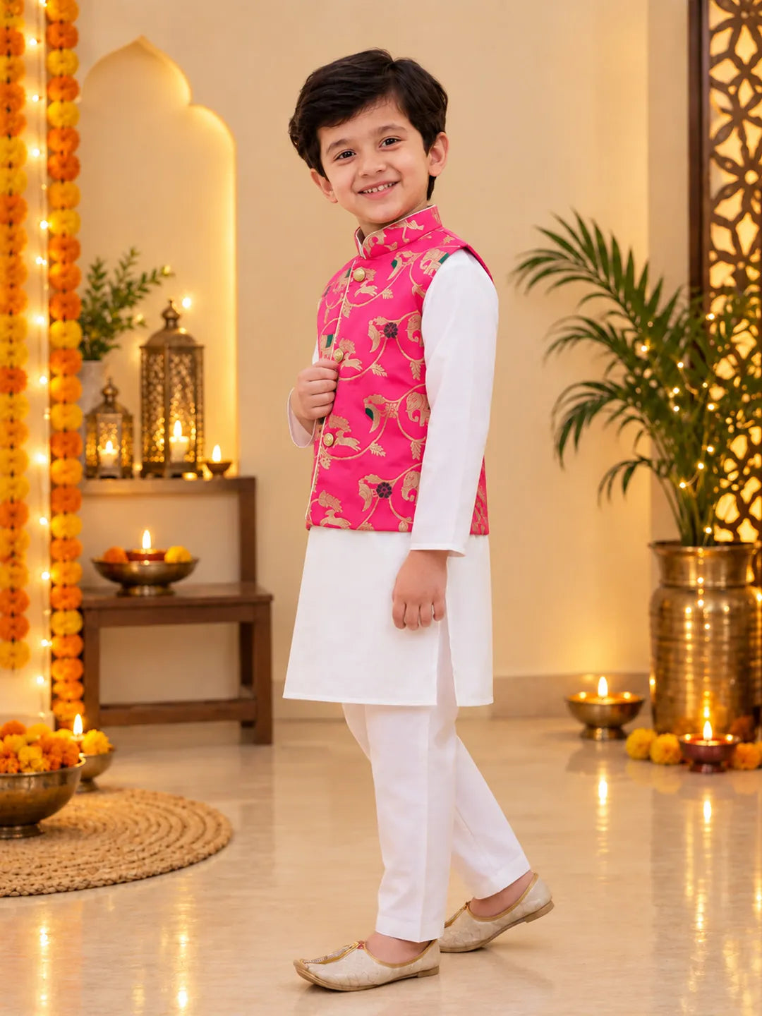 Bownbee Pure Cotton Kurta Pajama with Jacquard Jacket Set for Boys- Pink