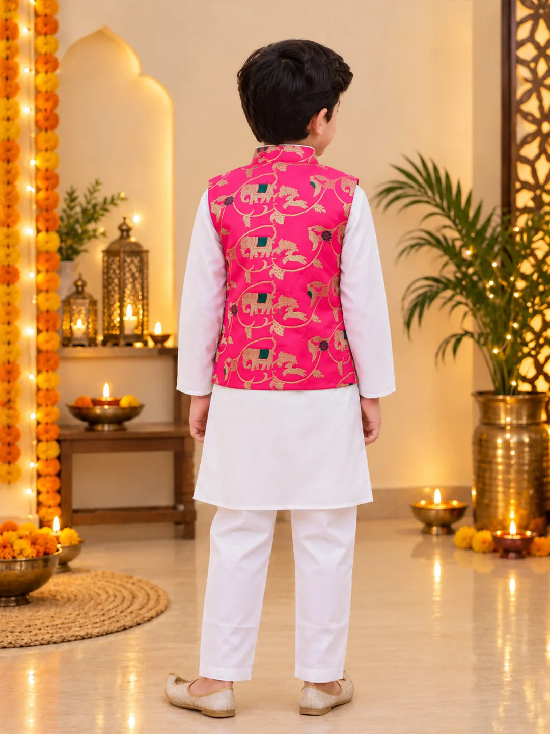 Bownbee Pure Cotton Kurta Pajama with Jacquard Jacket Set for Boys- Pink