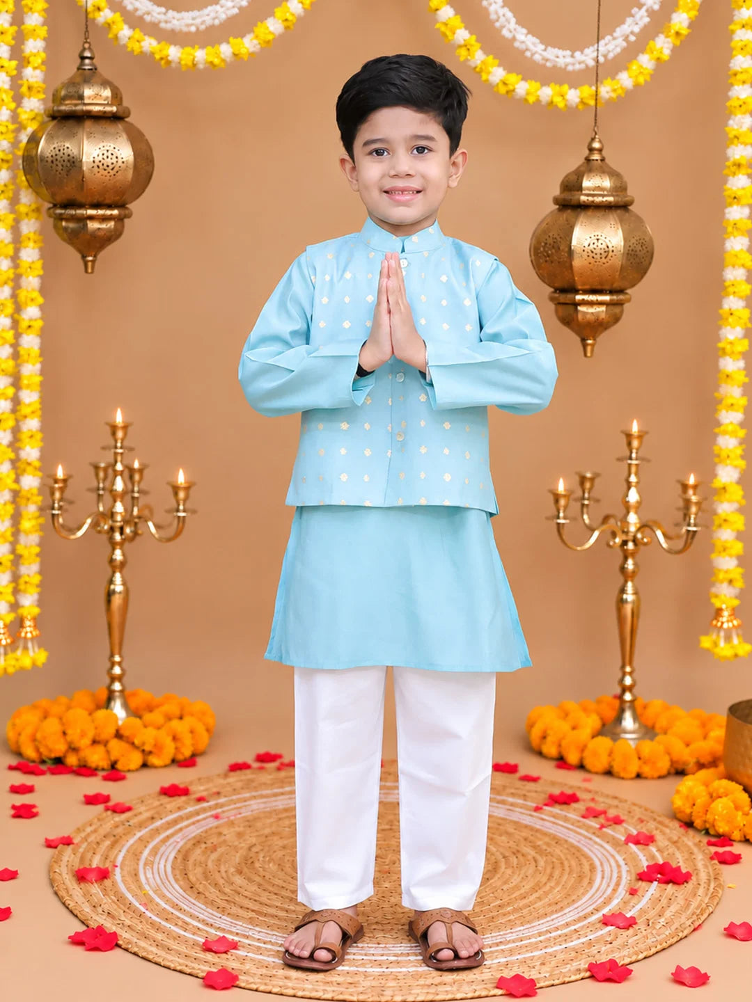 Bownbee Festive Kurta Pyjama With Chanderi Jacket Set for Boys- Sky Blue