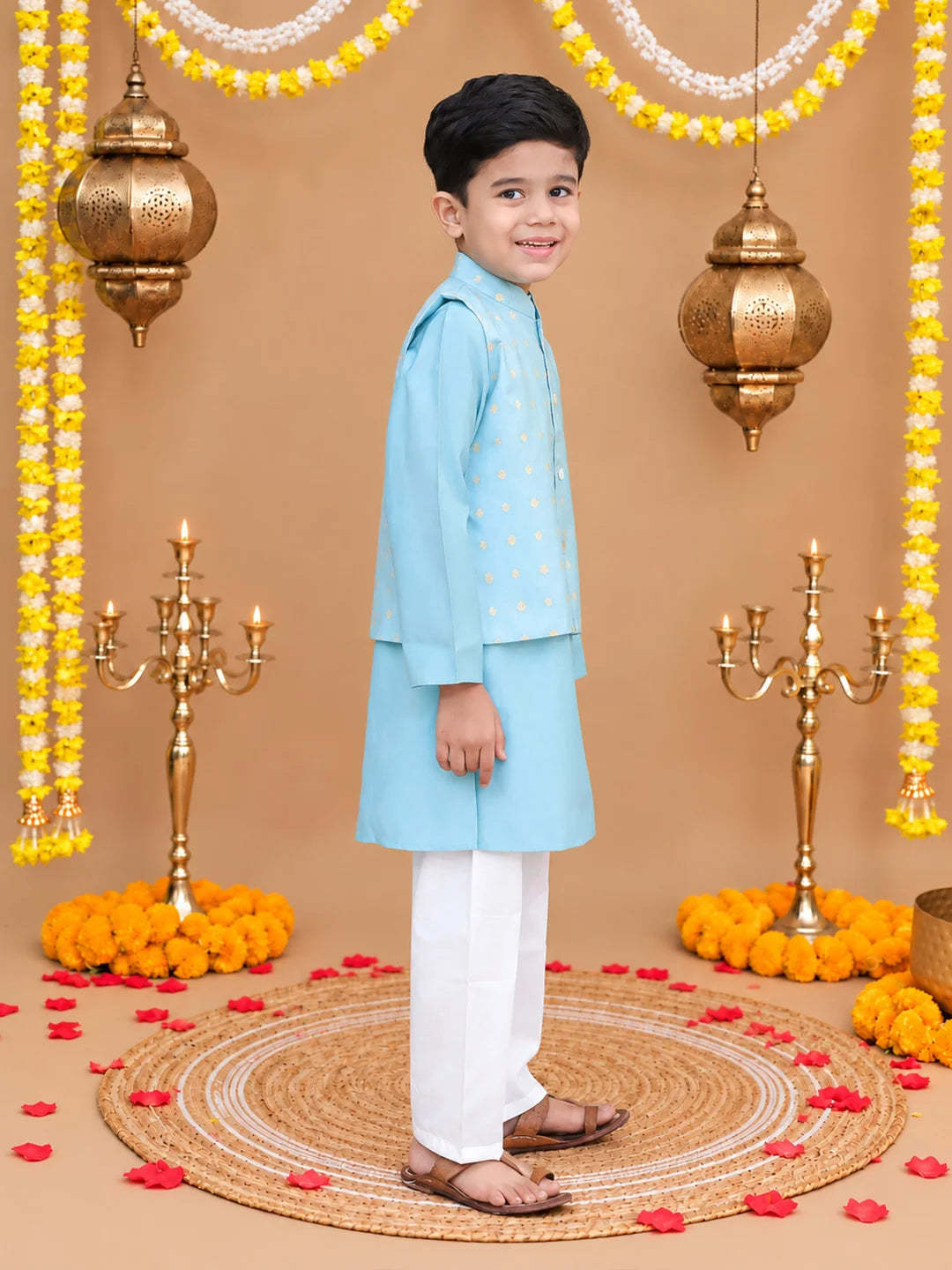 Bownbee Festive Kurta Pyjama With Chanderi Jacket Set for Boys- Sky Blue