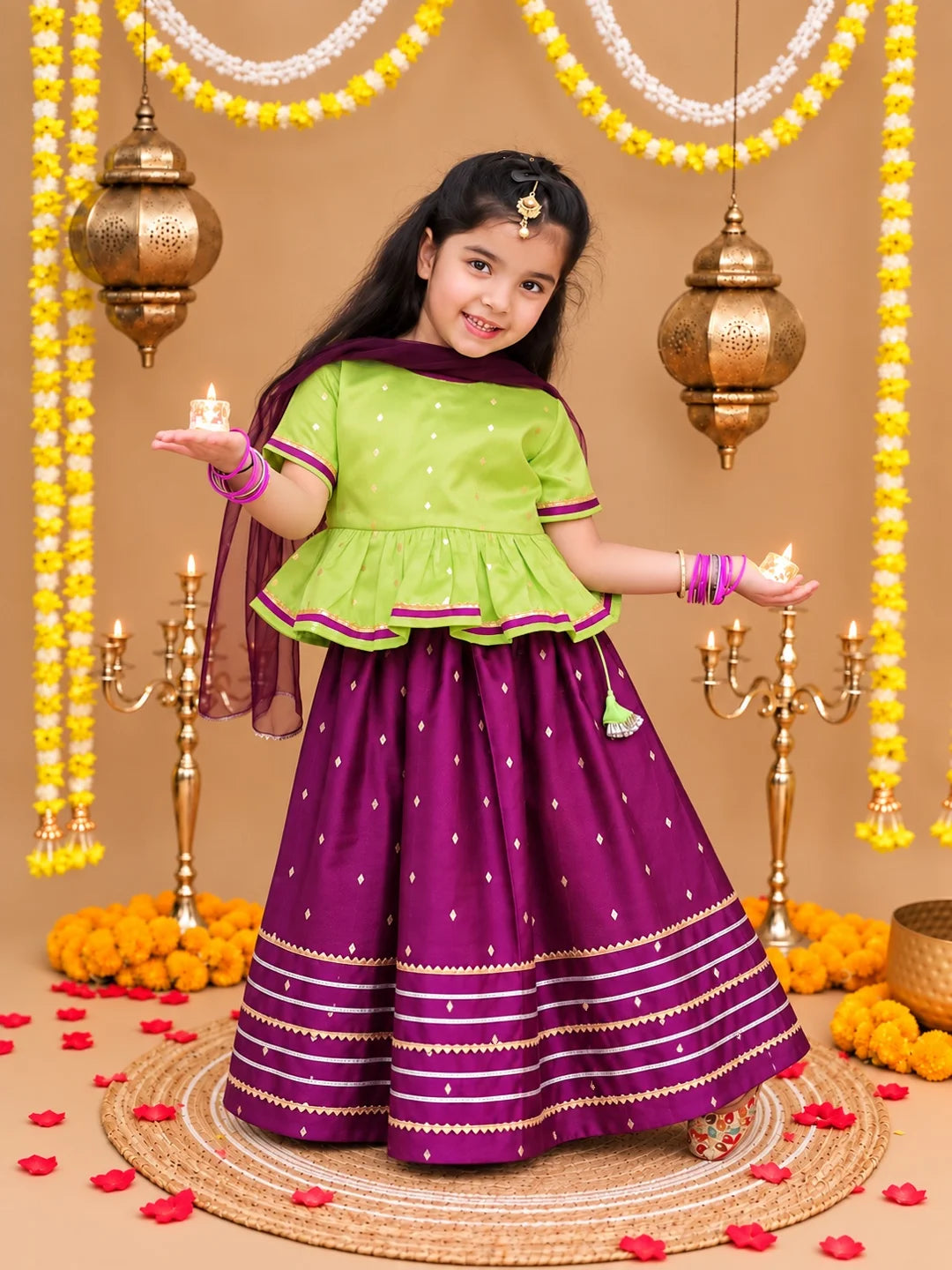 Bownbee Festive Taffeta Kurta Pajama & Lehenga Choli with Dupatta Sibling Set