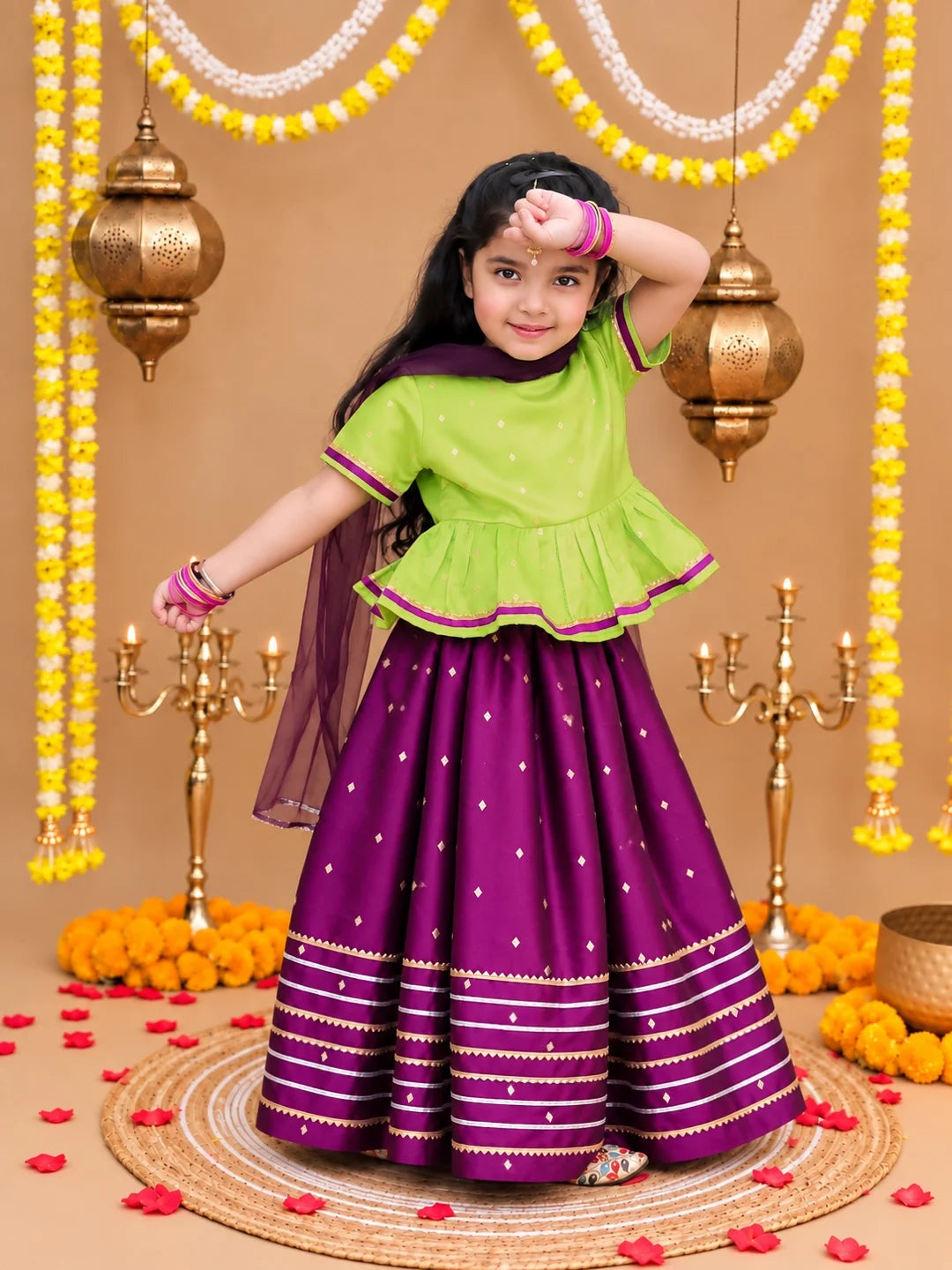 Bownbee Festive Taffeta Kurta Pajama & Lehenga Choli with Dupatta Sibling Set