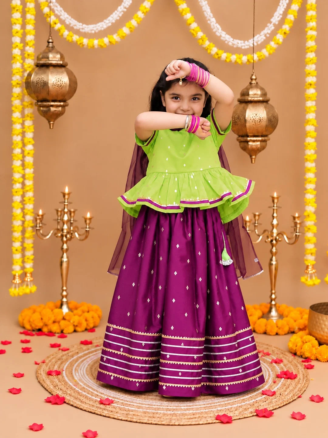Bownbee Festive Taffeta Lehenga Choli with Dupatta Set for Girls