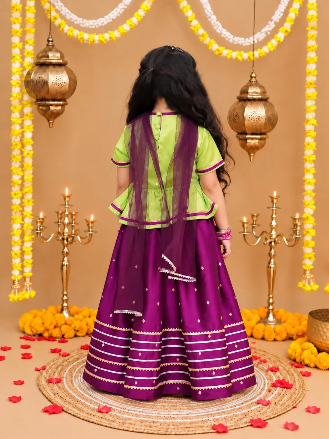 Bownbee Festive Taffeta Lehenga Choli with Dupatta Set for Girls