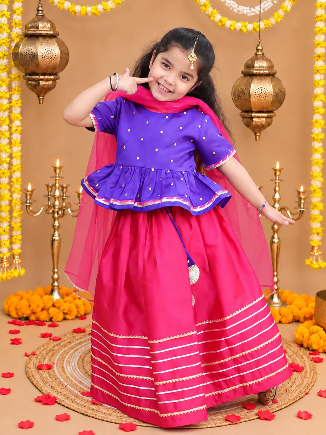 Bownbee Festive Taffeta Lehenga Choli with Dupatta Set for Girls