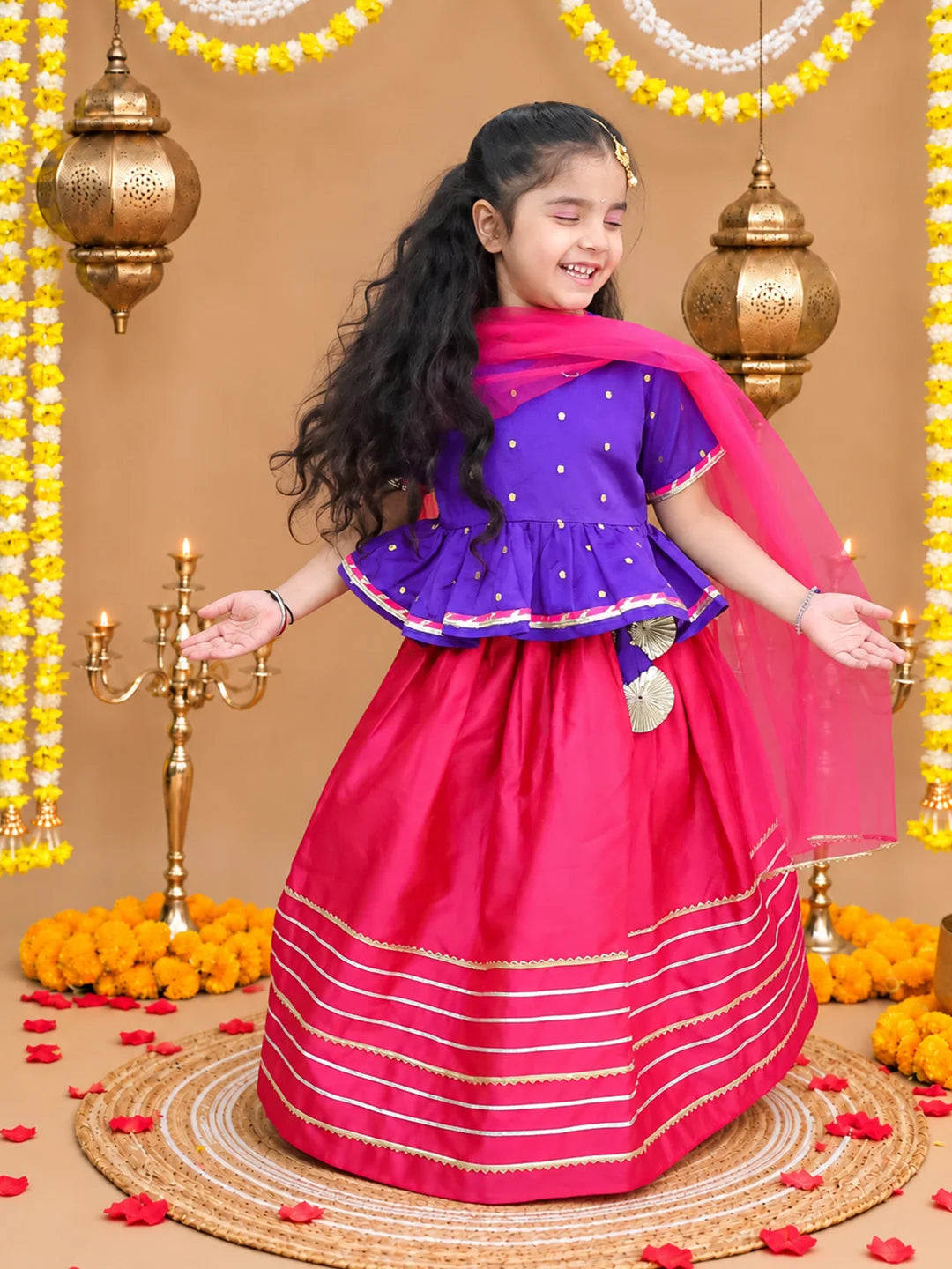 Bownbee Festive Taffeta Lehenga Choli with Dupatta Set for Girls