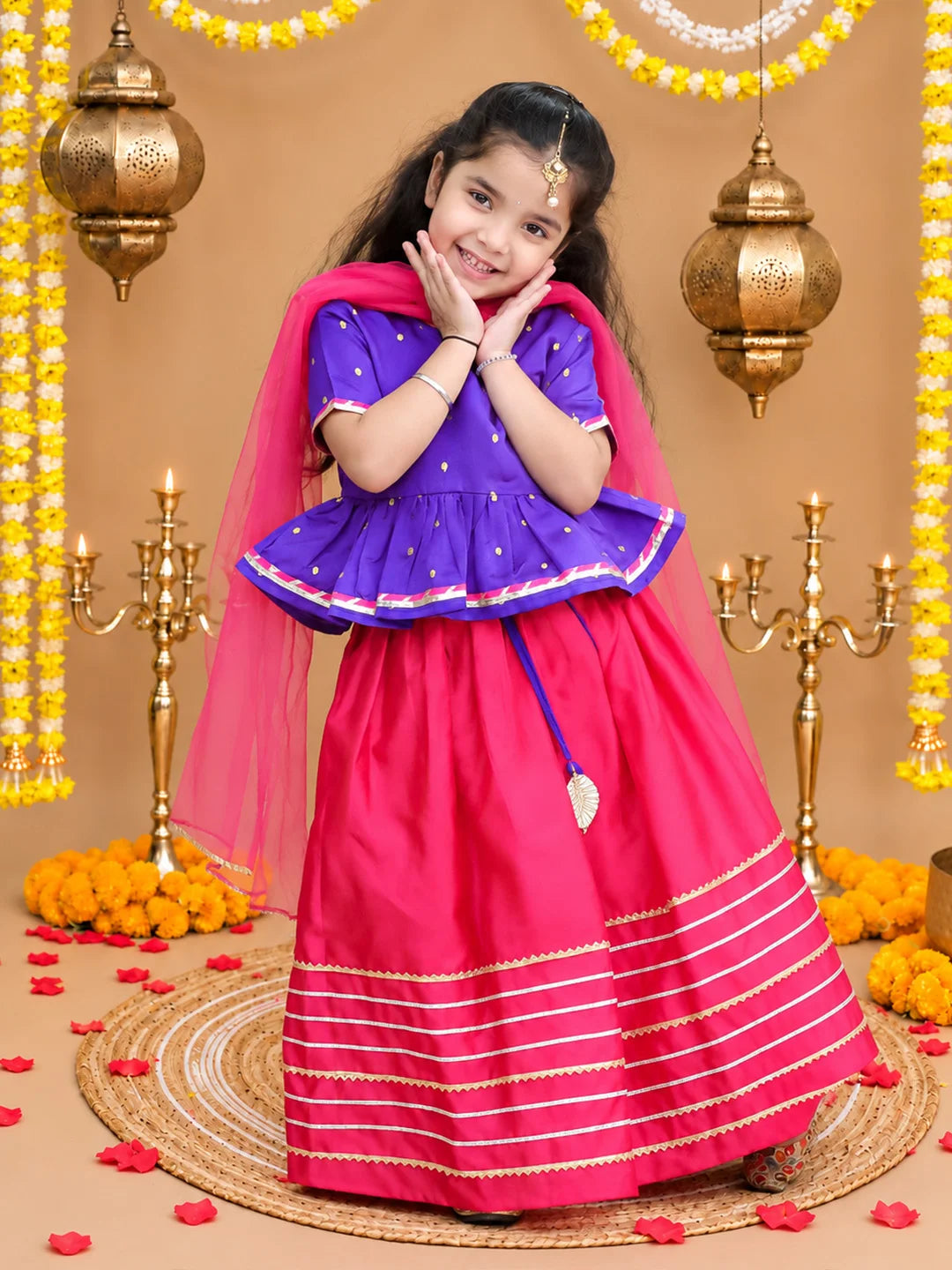 Bownbee Festive Taffeta Lehenga Choli with Dupatta Set for Girls