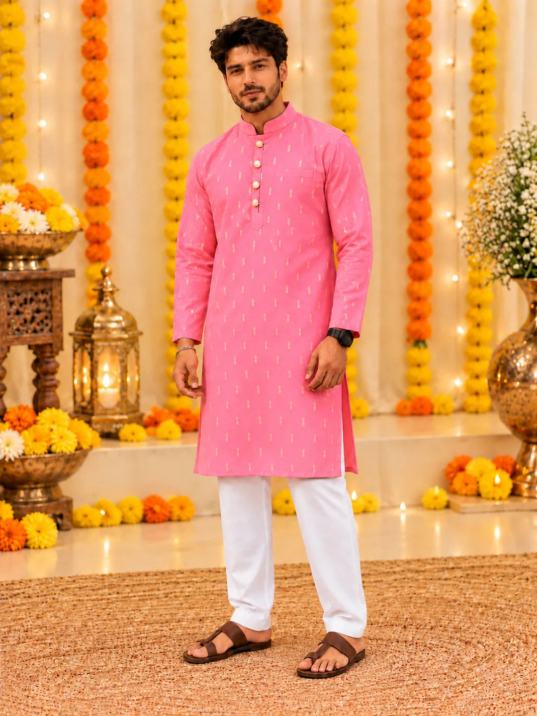 Bownbee Festive Full Sleeves Chanderi Kurta Pajama For Men