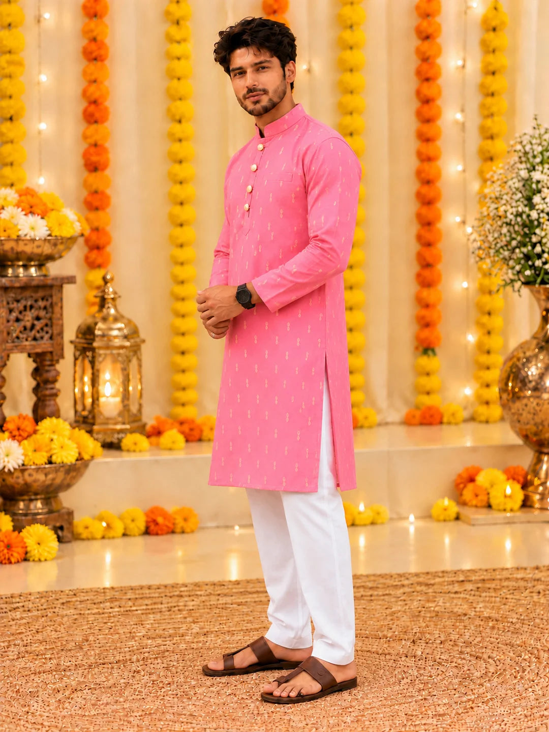 Bownbee Festive Full Sleeves Chanderi Kurta Pajama For Men