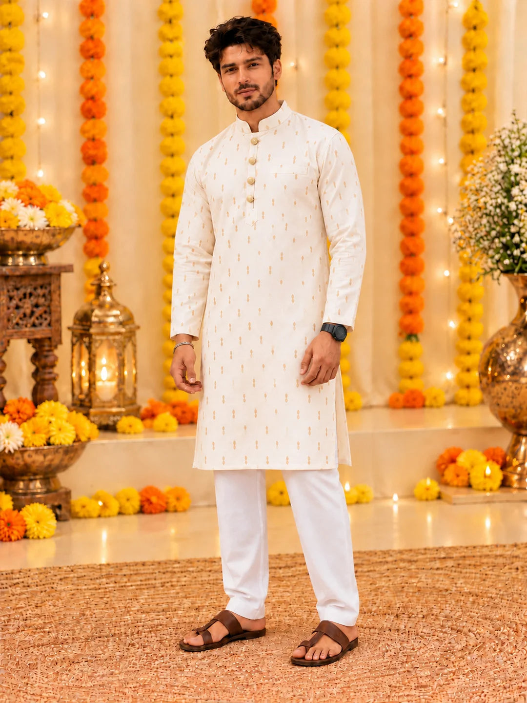 Bownbee Festive Full Sleeves Chanderi Kurta Pajama For Men