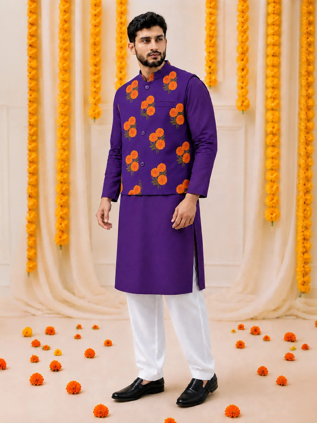 BownBee Genda Phool Printed Family Matching Ethnic Combo Set