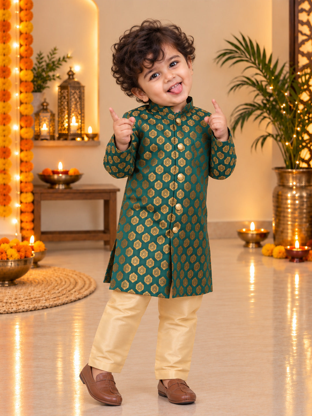 BownBee Front Open Jacquard Sherwani with Pajama Set for Boys- Green
