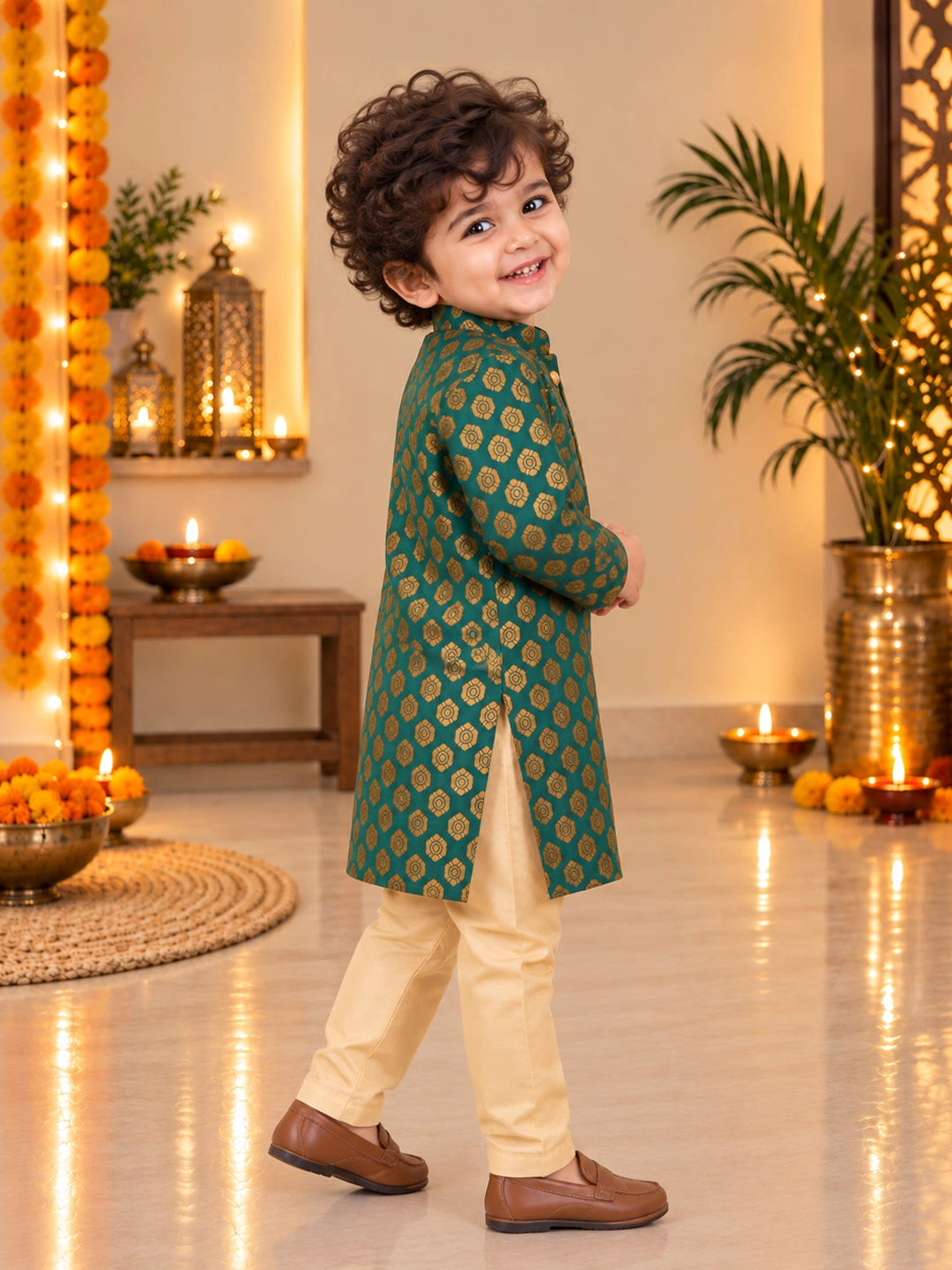 BownBee Front Open Jacquard Sherwani with Pajama Set for Boys- Green