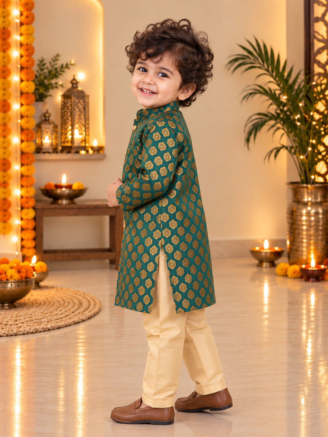 BownBee Front Open Jacquard Sherwani with Pajama Set for Boys- Green