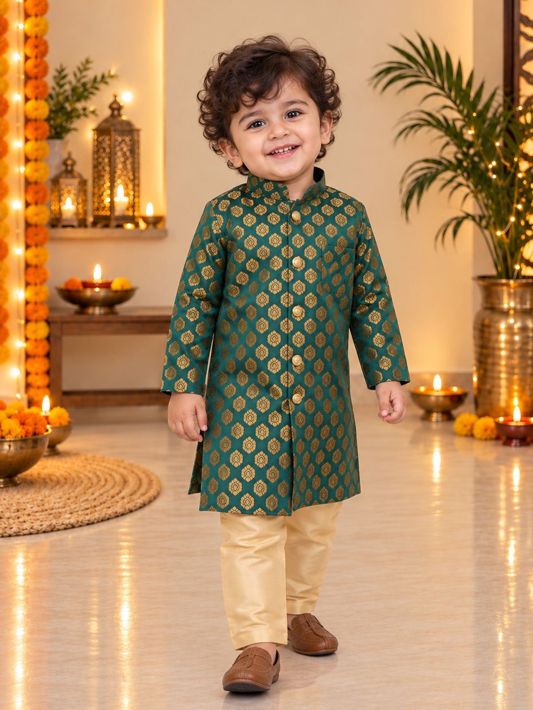 BownBee Front Open Jacquard Sherwani with Pajama Set for Boys- Green