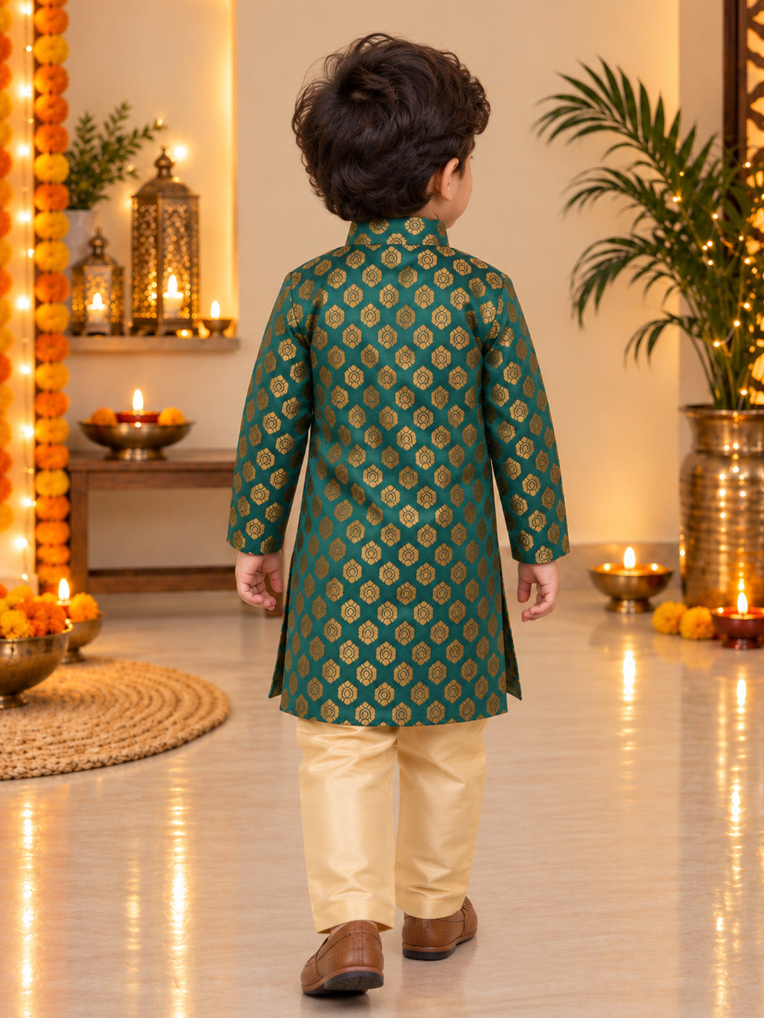 BownBee Front Open Jacquard Sherwani with Pajama Set for Boys- Green