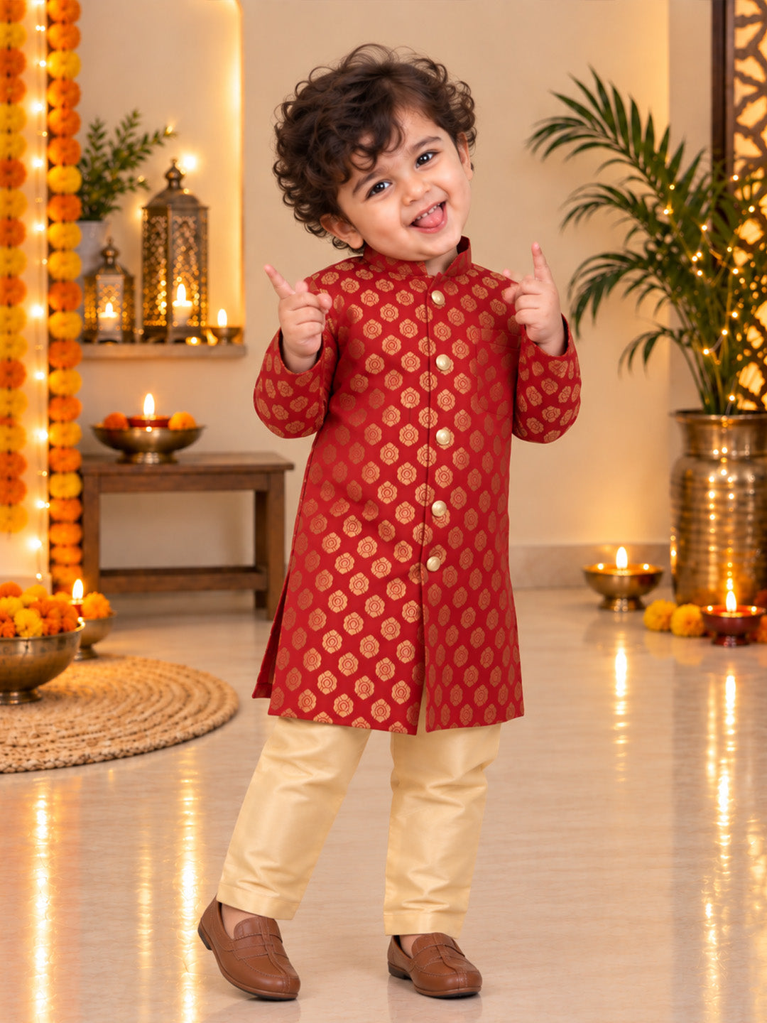 BownBee Front Open Jacquard Sherwani with Pajama Set for Boys- Maroon