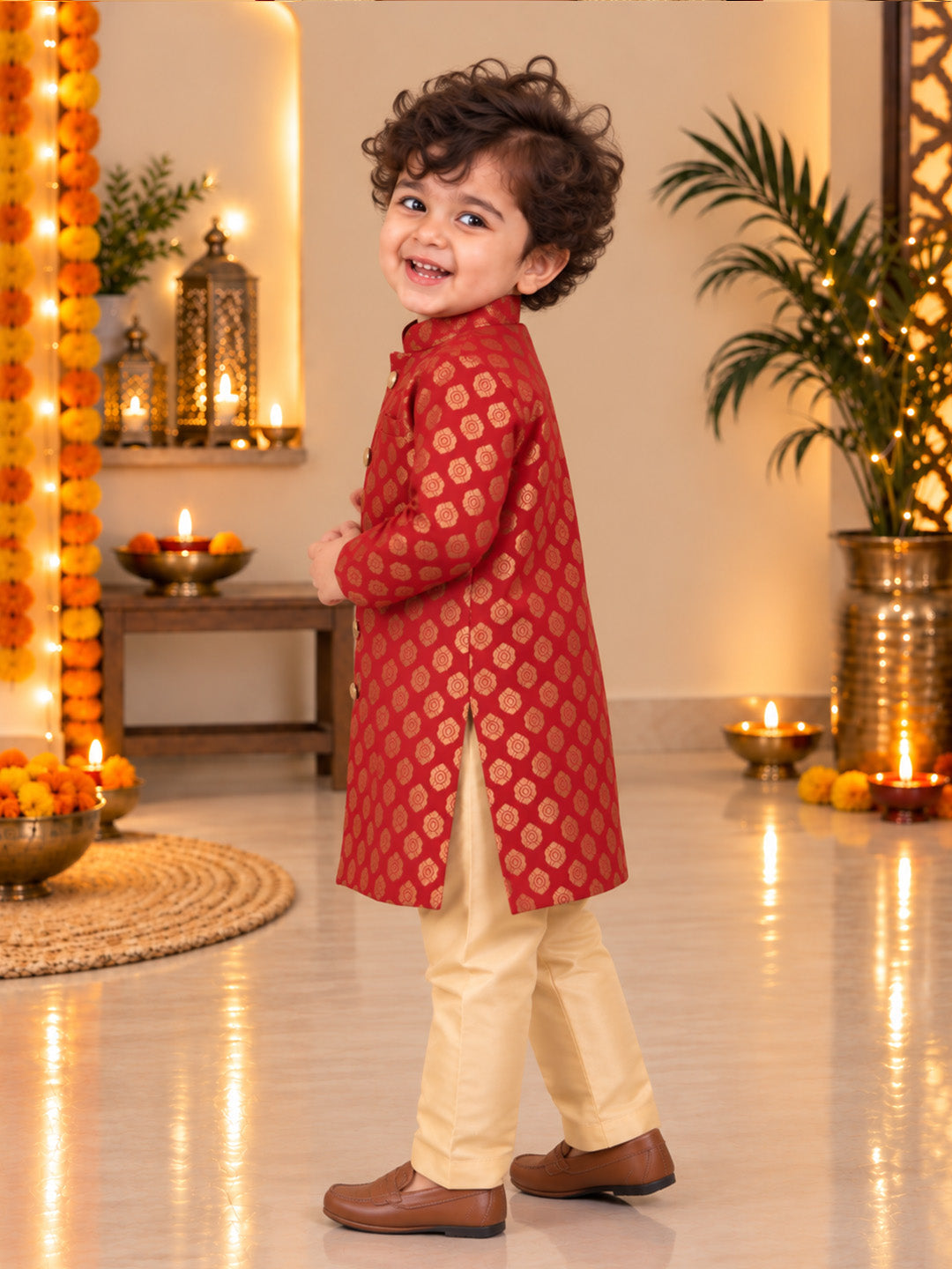 BownBee Front Open Jacquard Sherwani with Pajama Set for Boys- Maroon