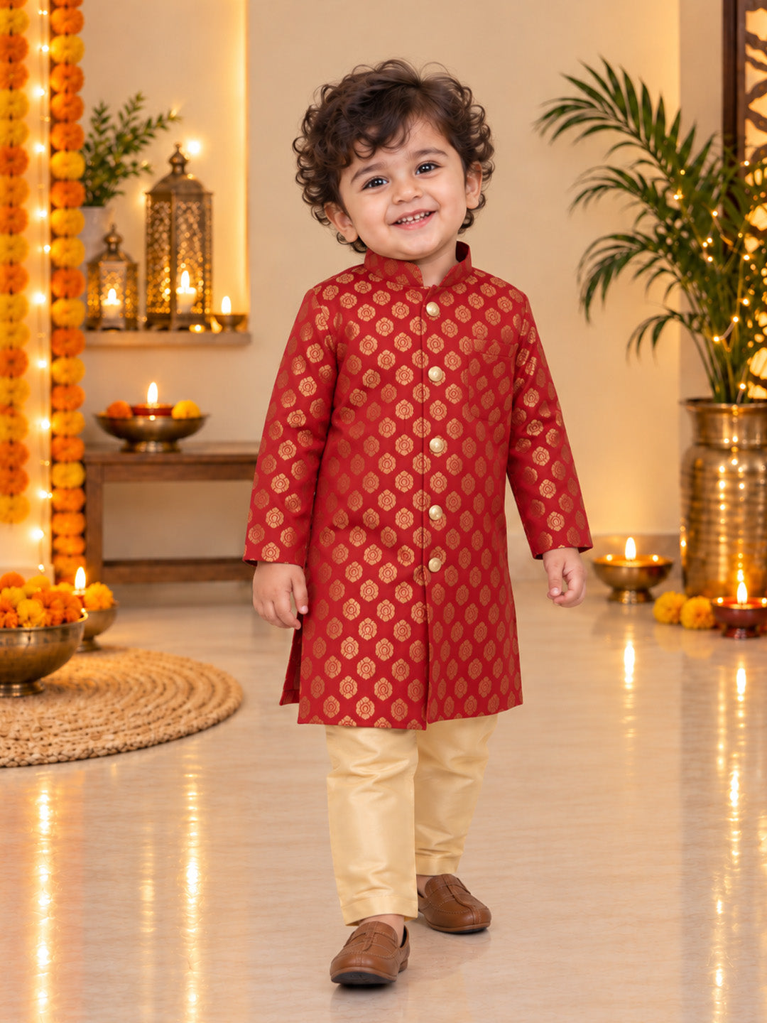 BownBee Front Open Jacquard Sherwani with Pajama Set for Boys- Maroon