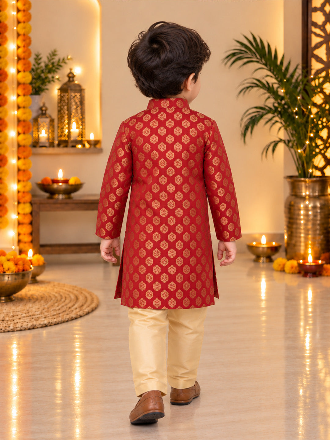 BownBee Front Open Jacquard Sherwani with Pajama Set for Boys- Maroon