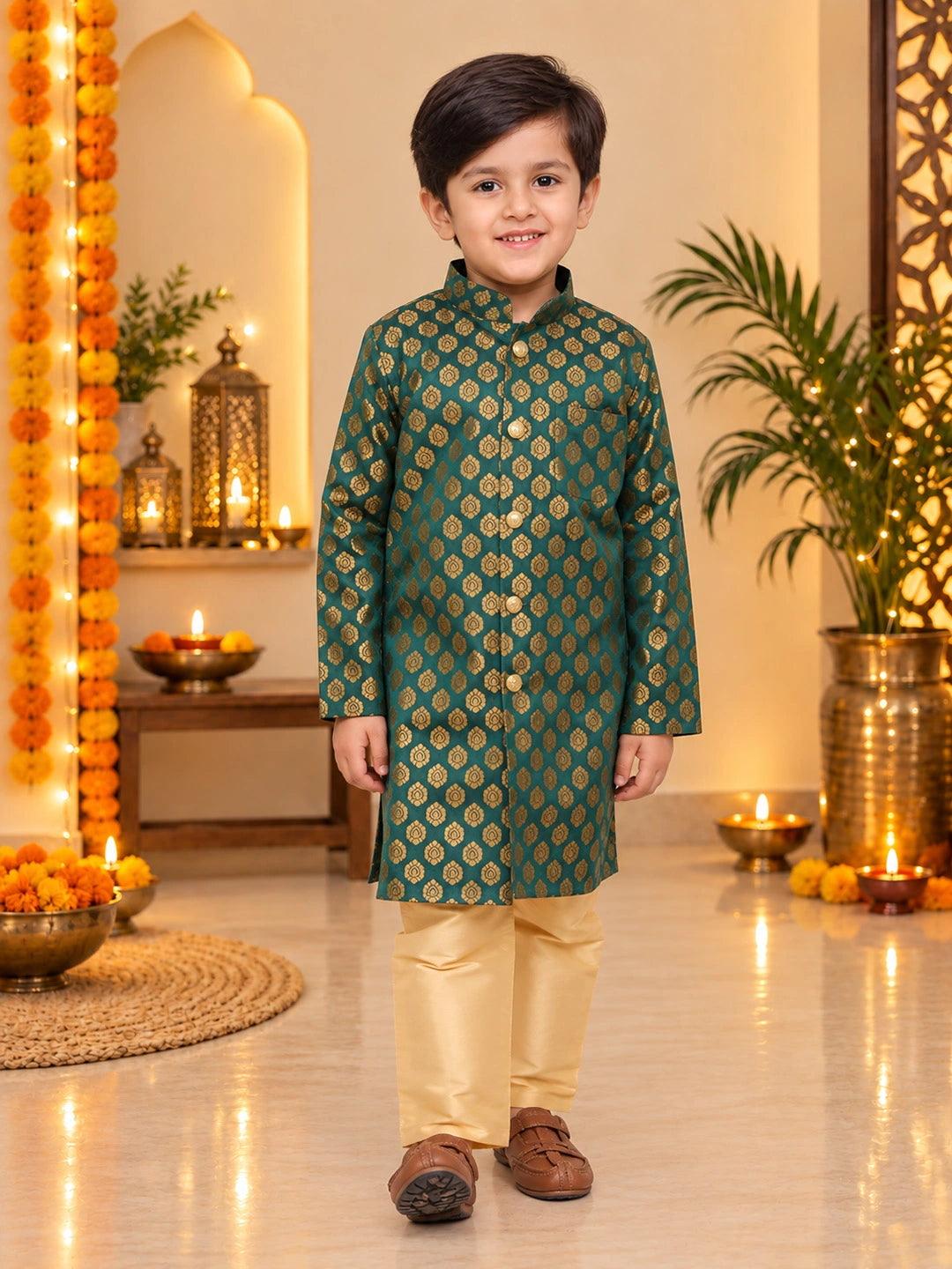 BownBee Front Open Jacquard Sherwani with Pajama Set for Boys- Green