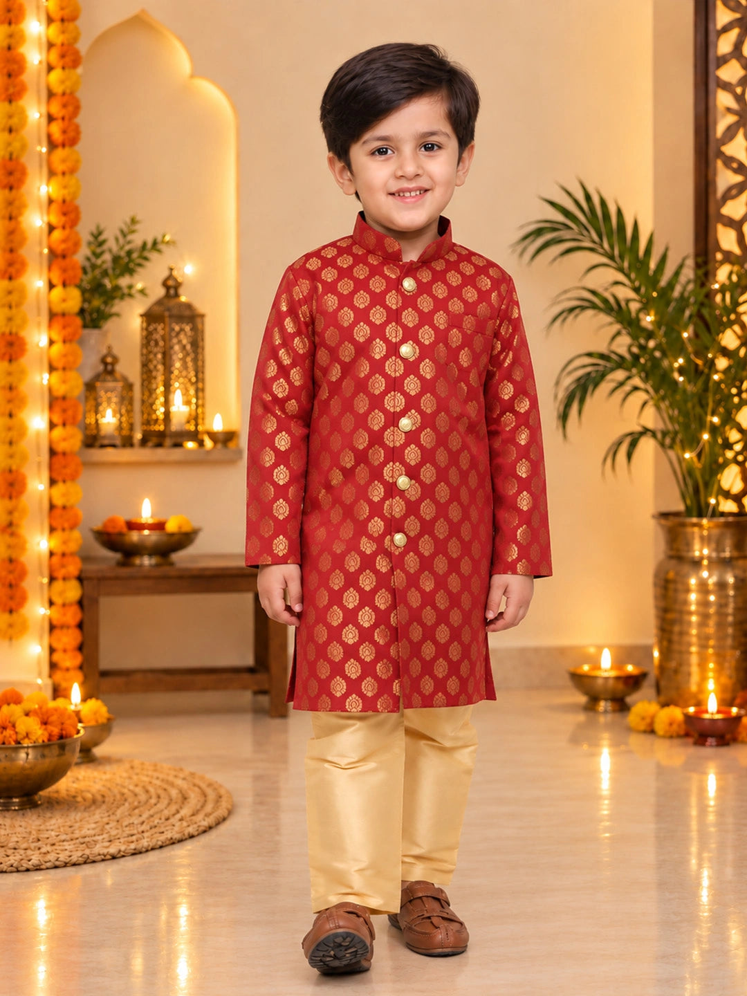BownBee Front Open Jacquard Sherwani with Pajama Set for Boys- Maroon