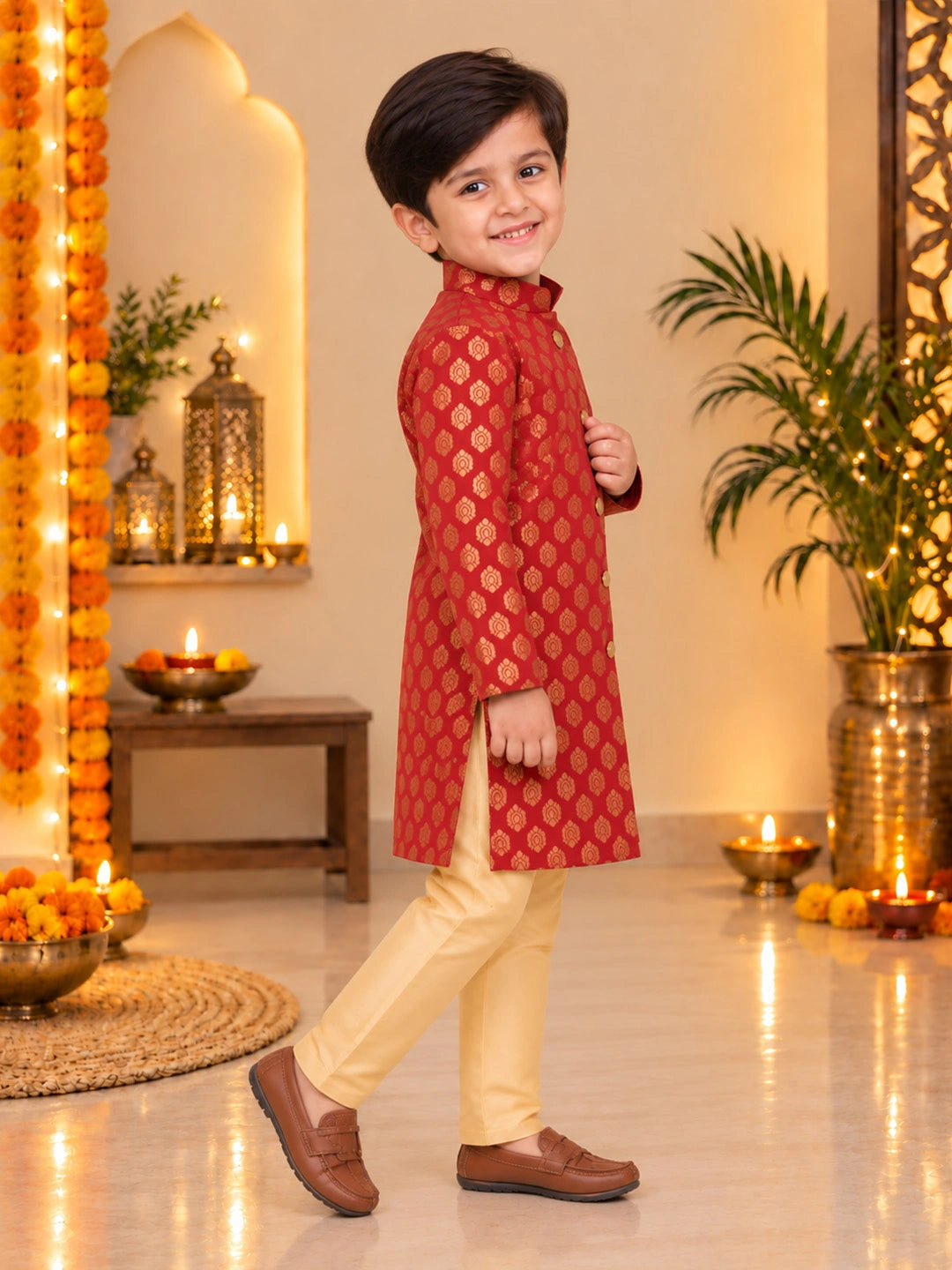 BownBee Front Open Jacquard Sherwani with Pajama Set for Boys- Maroon
