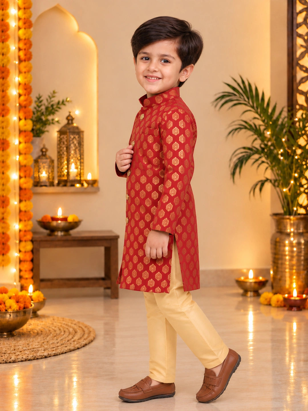 BownBee Front Open Jacquard Sherwani with Pajama Set for Boys- Maroon