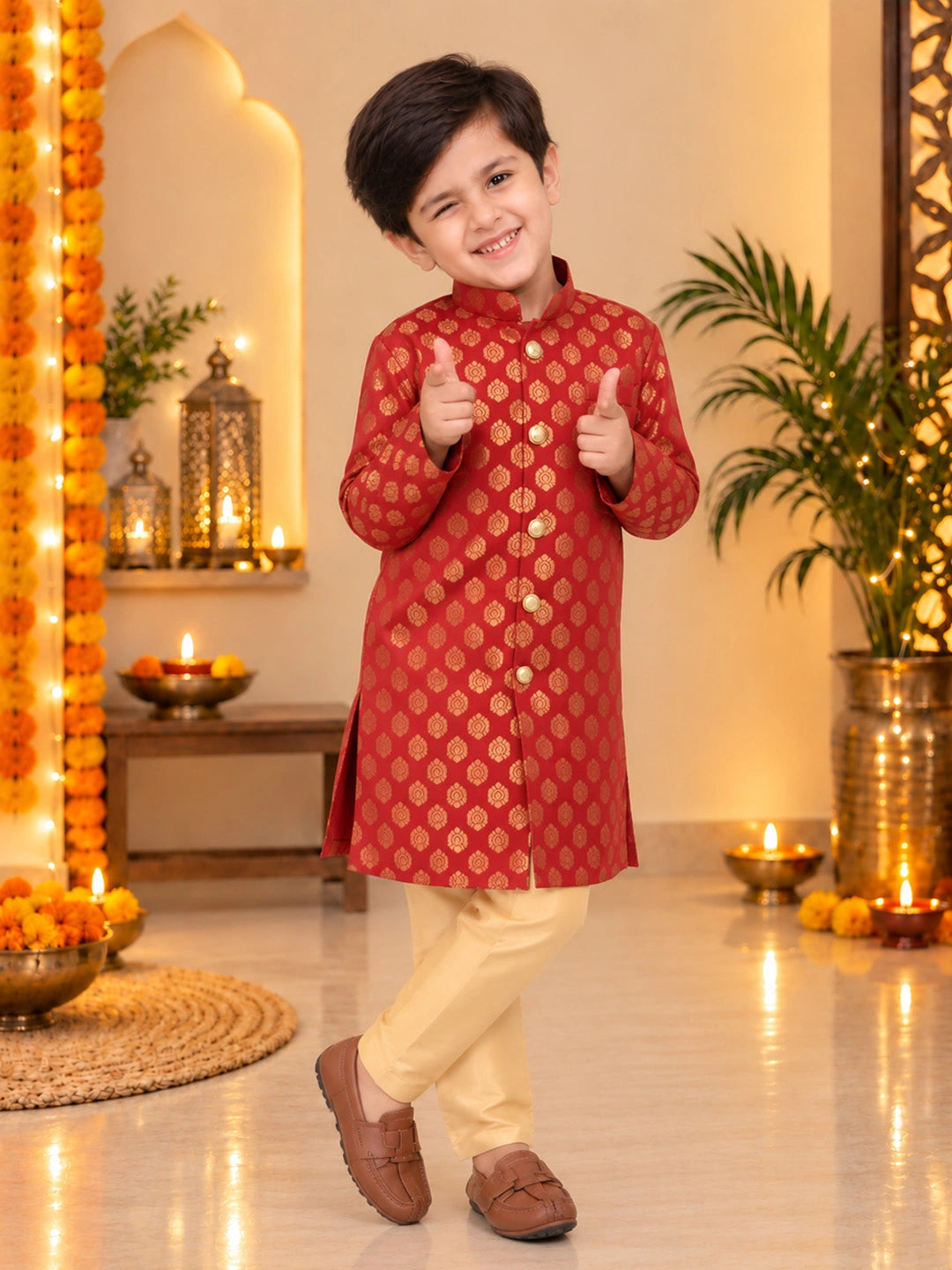 BownBee Front Open Jacquard Sherwani with Pajama Set for Boys- Maroon